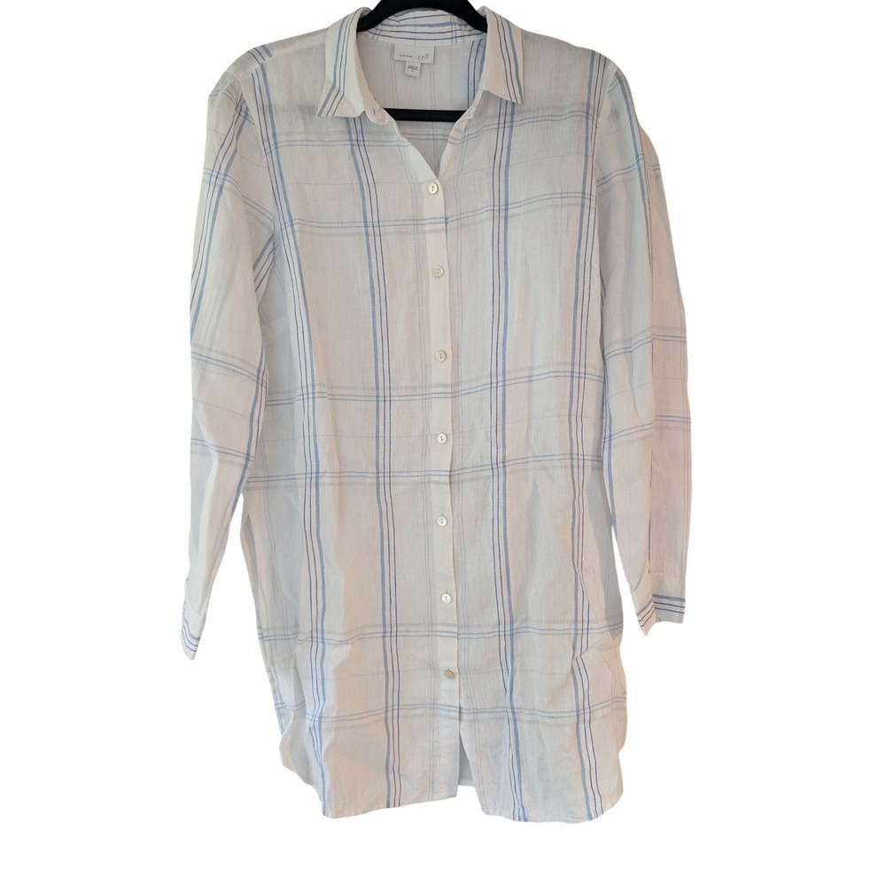 J. Jill Tunic Women‎ S White Blue Plaid Linen Button Down Long Sleeve Shirt